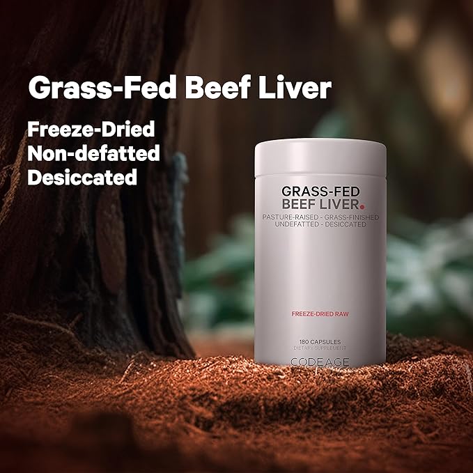 Codeage Grass Fed Beef Liver Supplement Superfood, Freeze Dried, Non-Defatted, Desiccated Beef Liver Glandulars Bovine Pills, Pasture Raised Beef Vitamins, Non-GMO Liver Meat, 180 Capsules