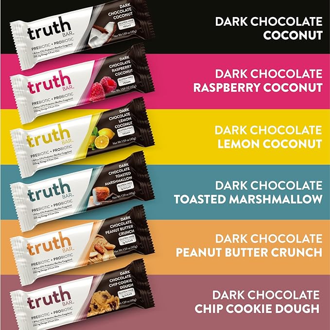 Truth Bar Prebiotic & Probiotic Keto Snack Vegan Bars with Omega-3's - Synbiotic High Fiber Snacks - Low Sugar, Kosher, Gluten Free - Dark Chocolate Coconut (Pack of 12)