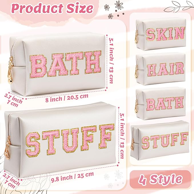 CY2SIDE STUFF Letter Makeup Bag - 4PCS Pink Stuff Hair Bath Skin Chenille Letter Patch Cosmetic Bag Preppy PU Leather Patch Pouch Waterproof Portable Zipper Travel Organizer Xmas Gifts for Women Girls