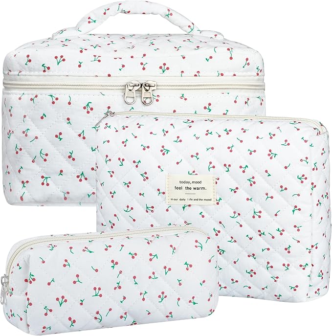 Quilted Makeup Bag Set, 3Pcs Large Checkered Corduroy Cosmetic Bags, Cute Coquette Makeup Bag Toiletry Zipper Pouch Bag for Women and Girls Checkered