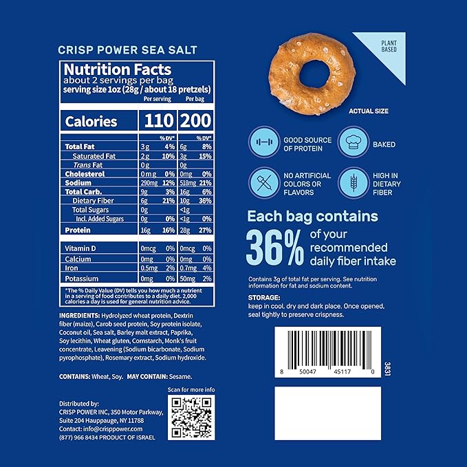 Crisp Power High Protein Pretzel Crisps - 6 Pack x 1.75 oz Crunchy & Flavorful Plant-Based Snack. No Sugar, 28g Protein Per Pack in 3 Savory Flavors, Vegan, Keto Friendly, Non-GMO, Kosher Non-Dairy (1.75 Ounce (Pack of 24), Sea Salt)