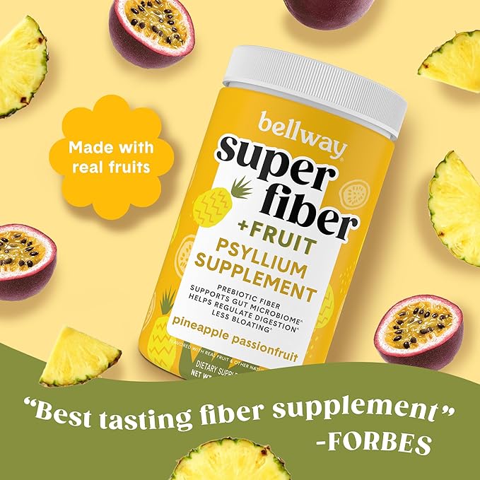 Bellway Super Fiber Powder + Fruit (3 Pack), Sugar Free Organic Psyllium Husk Powder Fiber Supplement for Regularity, Bloating Relief & Gut Health, Plant-Based, Pineapple Passion Fruit (150 Servings)
