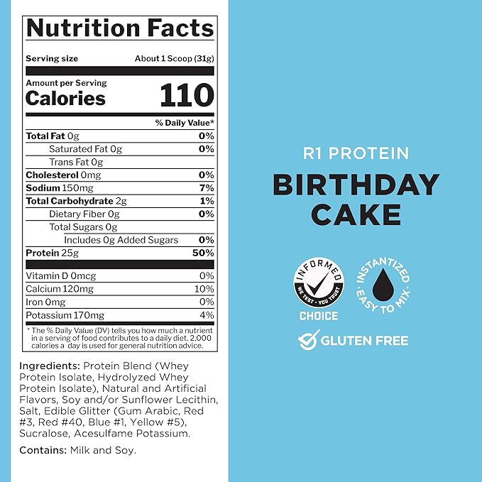 Rule One Proteins R1 Protein - 25g Fast-Acting, Super-Pure 100% Isolate and Hydrolysate Protein Powder with 6g BCAAs (2 Pounds*, Birthday Cake)