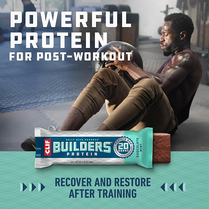 CLIF Builders - Chocolate Mint Flavor - Plant Based Protein Bars - Gluten Free - Non-GMO - Low Glycemic - 20g Protein - 2.4 oz. (12 Pack)