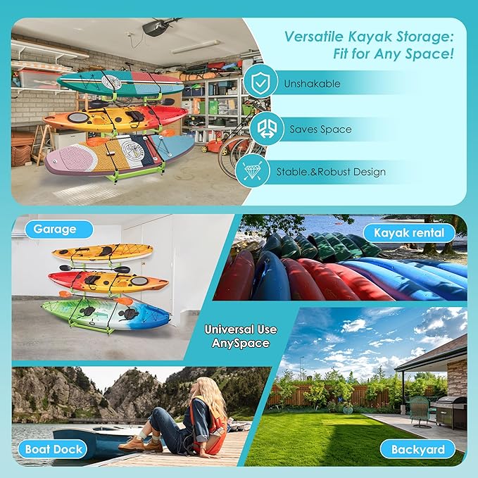 Rockland Large Kayak Storage Rack, 300 LBS Capacity, Holds 3 Kayaks, 48"x56"x82", Heavy Duty Freestanding Stand Kayak Rack for Canoe, SUP, Paddleboard, Indoor Garage & Outdoor Use, DIY-Friendly