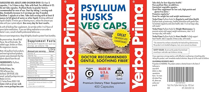 Yerba Prima Psyllium Husks Veg Caps, 400 Capsules (625mg) (Pack of 2) - Vegan, Non-GMO, Gluten Free, Colon Cleanser, Daily Fiber Supplement for Gut Health & Regularity