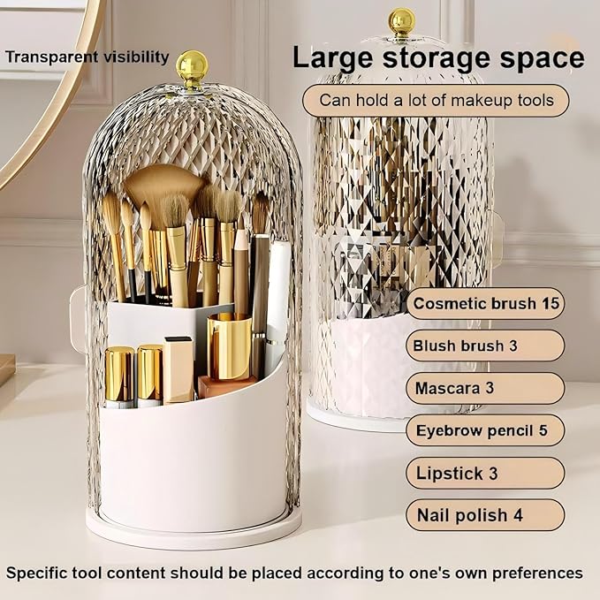 Makeup Brush Holder with Lid,Makeup Brush Storage Box with Diamond Pattern,360 Rotating Waterproof and Dustproof Beauty Brushes Storage for Vanity Bathroom,White
