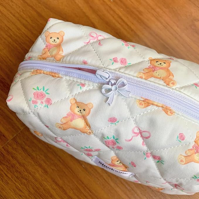 Cute Quilted Makeup Bag Pencil Pouch, Handmade Bow Floral Aesthetic Cosmetic Pencil Case Toiletry Brushes Organizer Bag for Women, Bear Core