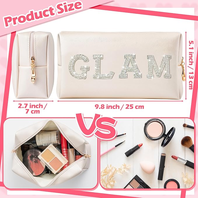 CY2SIDE Glam Letter Makeup Bag - White GLAM Pearl Rhinestone Letter Patch Cosmetic Pouch Shell Gold PU Leather Patch Big Bag Waterproof Portable Zipper Travel Organizer for Wedding Bride Birthday Gift