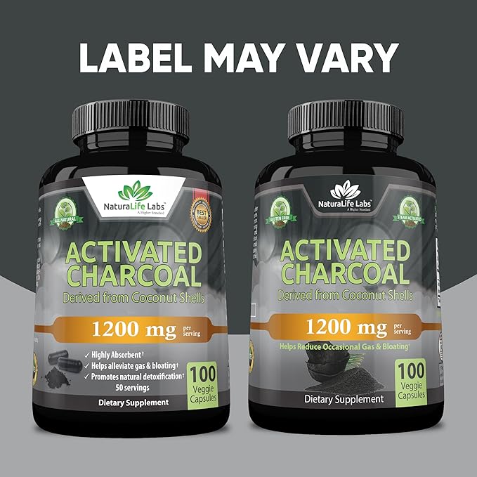 Activated Charcoal Capsules - 1,200 mg Highly Absorbent Helps Alleviate Gas & Bloating Promotes Natural detoxification Derived from Coconut Shells - per Serving - 100 Vegan Capsules