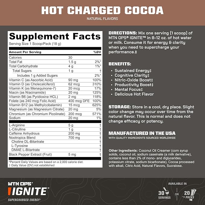 MTN OPS Hot Ignite Supercharged Energy Drink Mix Focus Enhancer, Charged Cocoa - 20 Trail Packs