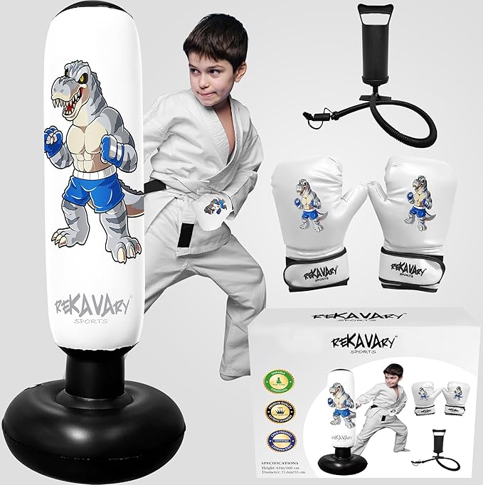 Punching Bag for Kids - 5' 3" Tall and Stable - Ninja Kids Inflatable Punching Bag Combo Kit with Kids Boxing Gloves, a Pump and Repair Kit. Boxing Bag for Immediate Bounce Back
