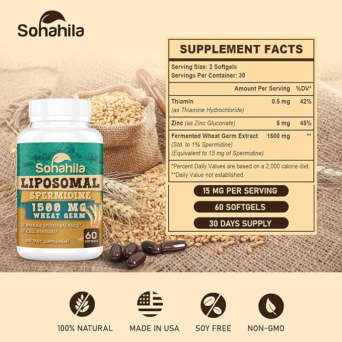 Spermidine Supplement 15 MG - 99% Purity, High Absorption, 1500 mg Fermented Wheat Germ Extract with Zinc & Thiamin, Spermidine for Men & Women - Cellular Renewal, Aging Defense, Energy, 120 Softgels