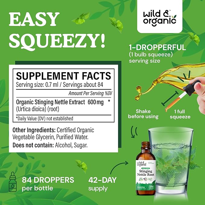 Wild & Organic Stinging Nettle Root Drops - Stinging Nettle Extract Tincture - Alcohol Free Nettle Supplement - Vegan, Sugar Free - 2 fl oz