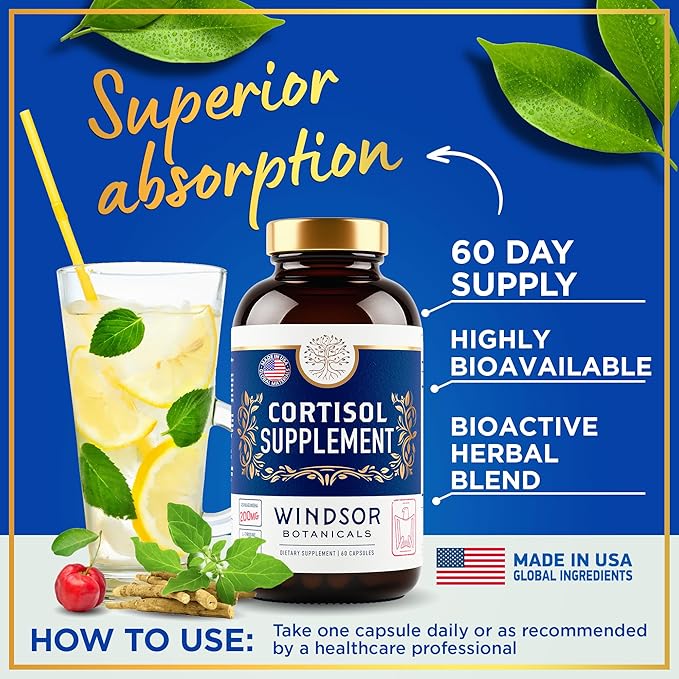 Cortisol Supplement & Cortisol Reducer - Advanced Cortisol Regulation Supplements with Calming Ashwagandha, L-Tyrosine - Mood, Stress, Sleep Support Cortisol Blocker for Women and Men - 60 Capsules