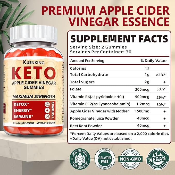 Keto ACV Gummies Advanced Formula, Apple Cider Vinegar Gummies Formulated with Pomegranate Beet Juice Powder B12, 1500MG Vegan Non GMO (120 Count)
