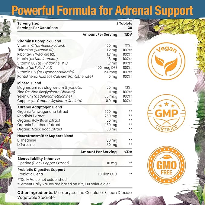 Adrenal Support Adaptogens Herbs Supplements - Cortisol Supplement with Rhodiola Rosea, Ashwagandha, Holy Basil and Eleuthero-Mood and Energy Support for Women & Men-Non-GMO, 120 Vegan Tablets