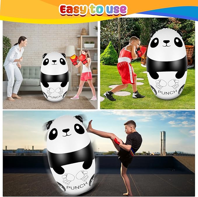 Punching Bag for Kids with Boxing Gloves - 120cm Light Up Panda Kids Punching Bag Inflatable Stress Relief Toy for 3-9 Year Olds - BPA-Free (3xAAA Batteries Not Included)