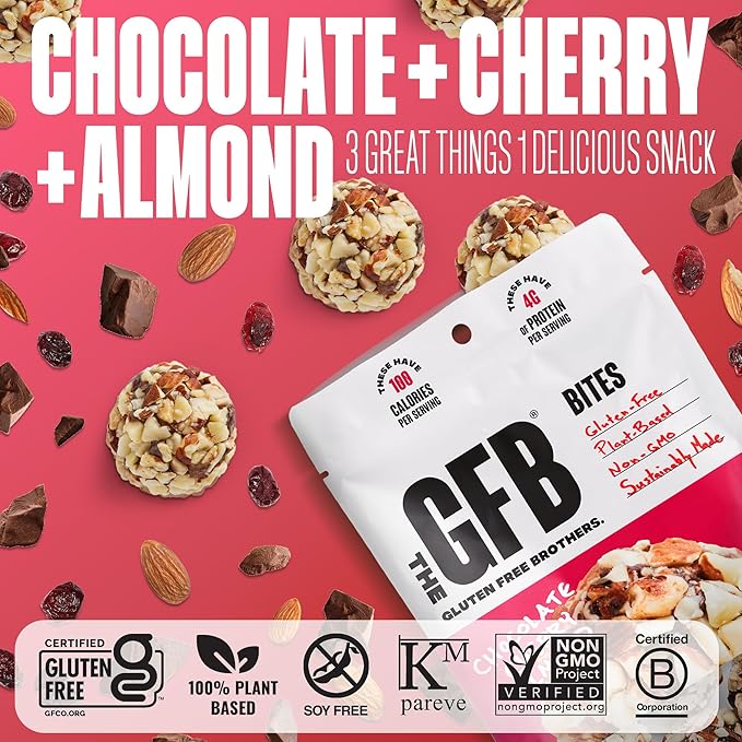 The Gluten Free Brothers Chocolate Cherry Almond Bites - Gluten Free Protein Balls – Non GMO, Soy Free, Vegan – Snack Size Plant Based Protein Energy Balls, 4 Oz (6 Count)