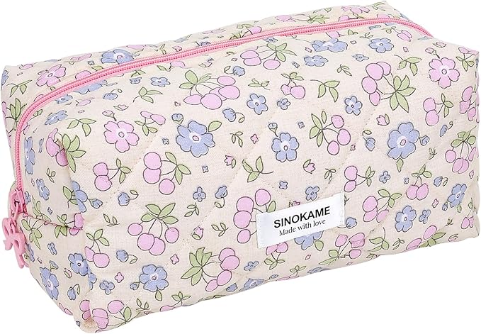 Coquette Makeup Bag Cosmetic Bag for Women, Handmade Cotton Quilted Pouches Reusable Travel Toiletry Bag Organizer Brushes, Beige Flowers