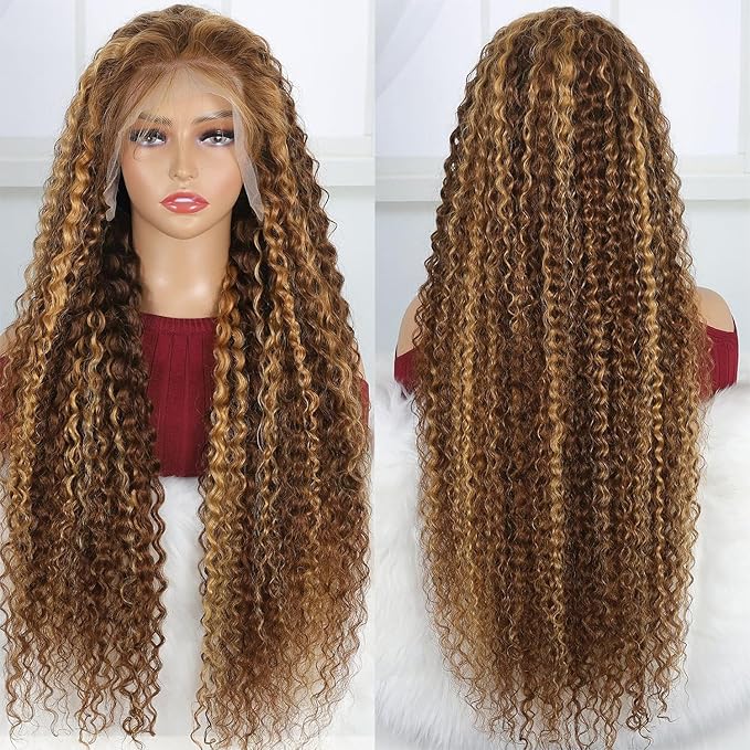 FABA Honey Blonde Highlights Lace Front Wigs Human Hair 28 Inch #4/27 Ombre Curly Human Hair Wig 180% Density Brown and Blonde for Women Highlight Deep Wave Human Hair Wig with Baby Hair
