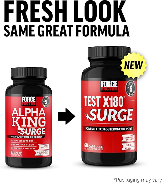 Force Factor Test X180 Surge Testosterone Support for Men, Male Vitality Enhancing Supplement, Promote Muscle & Strength, Support Weight, Boost Long-Lasting Energy, 60 Capsules