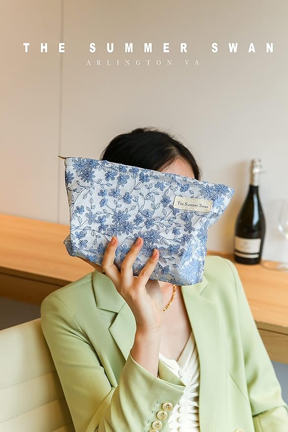 The Summer Swan | Floral Cosmetic Bag|Large Aesthetic Makeup Bag Travel Personal Item Preppy Pouch Skincare (Embroidery Blue)