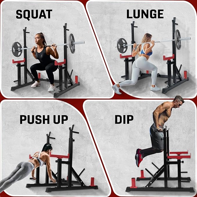 Yes4All Squat Rack for Home Gym, Adjustable Barbell Stand Rack, Multi-Function Weight Lifting, Dip Bar Station, Bench Press Rack Stand, Weight Plate Storage - Capacity Up to 600LBS