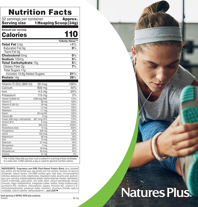 NaturesPlus SPIRU-TEIN, Strawberry - 2.4 lb - Plant-Based Protein Shake - Non-GMO, Vegetarian, Gluten Free - 32 Servings
