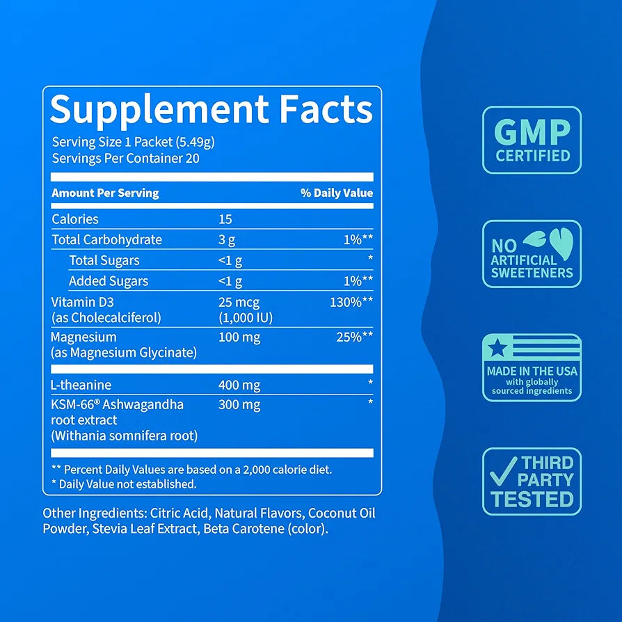 Supercalm Drink Mix - Ashwagandha KSM 66, Magnesium Glycinate & L-Theanine Supplement - Ashwagandha Root Extract - Focus and Relaxation Support (20 Travel Packets) - Passion Colada