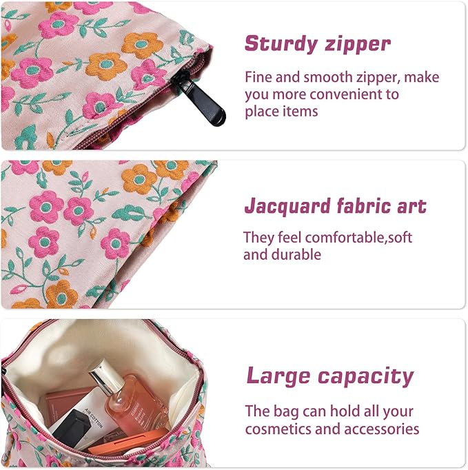 Daisy Flower Makeup Bag Travel Large Floral Cosmetic Bag for Women Cute Makeup Pouch Zipper Aesthetic Portable Toiletry Bags Skincare Organizer Bag Cosmetic Pouch for Purse(Orange and Pink)