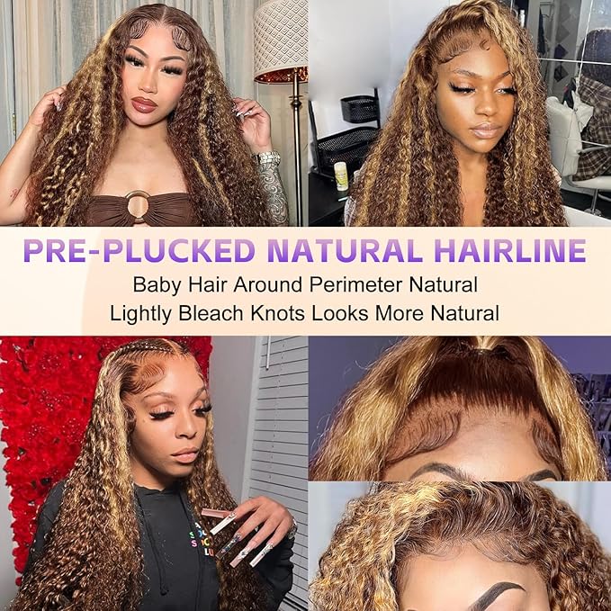 FABA Honey Blonde Highlights Lace Front Wigs Human Hair 28 Inch #4/27 Ombre Curly Human Hair Wig 180% Density Brown and Blonde for Women Highlight Deep Wave Human Hair Wig with Baby Hair