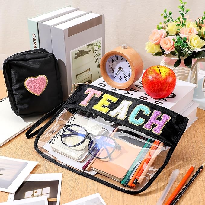 Hillban 2 Pcs Teacher Pencil Pouch Zipper Teacher Appreciation Gift Women Clear Makeup Cosmetic Bag Chenille Letter Bag Toiletry Travel Kit Accessories Waterproof Purse Grad Retirement Gift