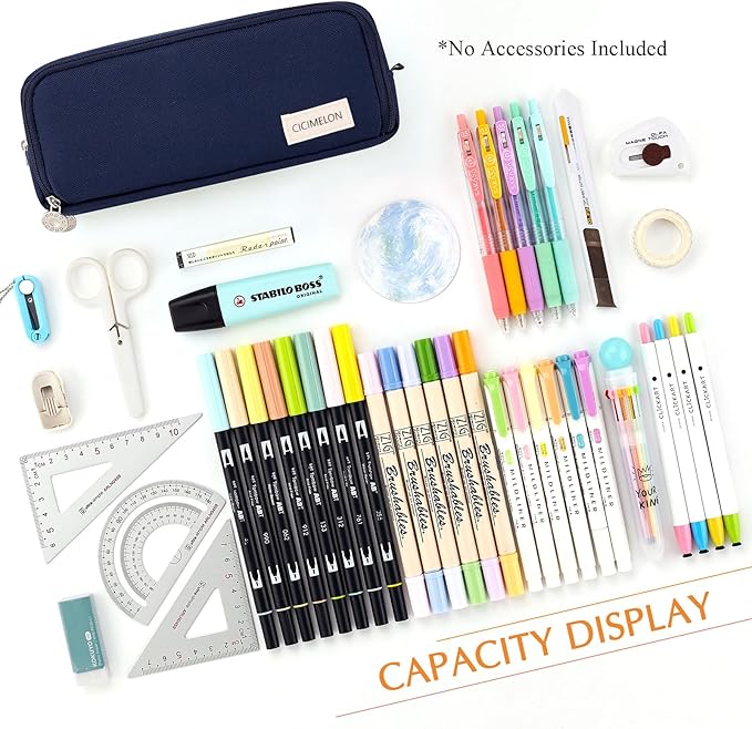 CICIMELON Large Capacity Pencil Case 3 Compartment Pouch Pen Bag for School Teen Girl Boy Men Women (Navy)