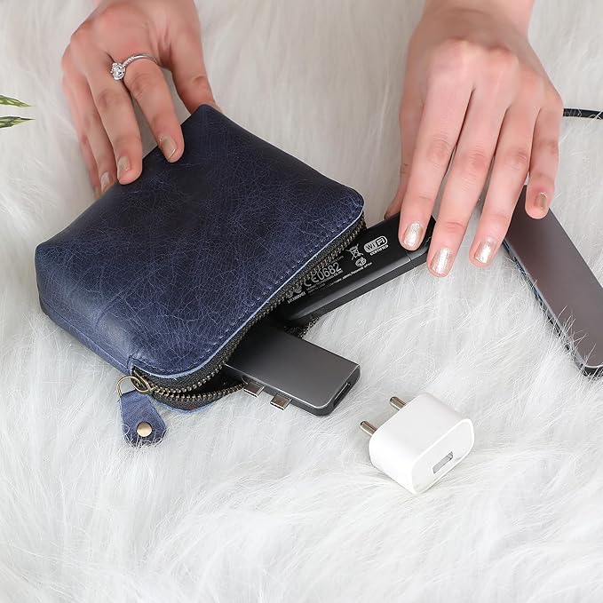 The Antiq Blue Leather Cosmetic Bags For Women Travel Set - HandCrafted Zipper Coin Pouch Blue Makeup Bag Set Small Toiletry Bags for Women - Makeup Essentials Organiser Mini Cosmetic Pouch For Purse
