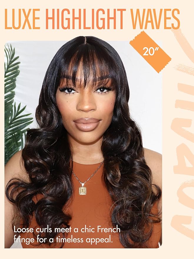 GORGIUS Glueless Wavy Wig with Bangs Highlight Brown Synthetic Curtain Bang Wig with Realistic Scalp 22 Inch