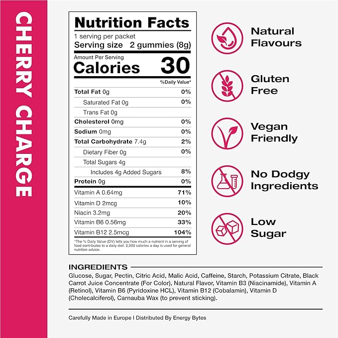 Energy Bytes Caffeine Gummies | Instant Energy Chews for Running, Cycling and Sports Performance | Vegan, Low Sugar | Cherry Charge (12-Pack)