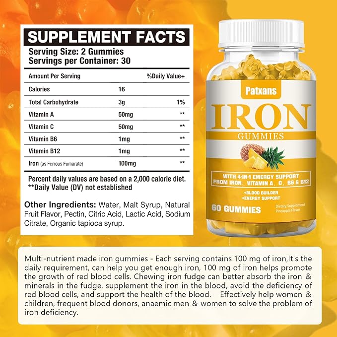 1 Pack 100MG Iron Supplement Gummies for Women & Men - with Vitamin A, C, B - Blood Builder & Energy Support for Iron Deficiency, Anemia, Adults & Children, Vegan, Pineapple Flavor Gummy, 60ct