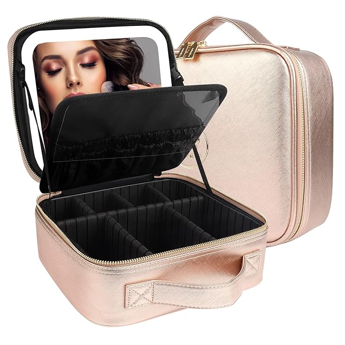 MOMIRA Travel Cosmetic Train Case with Lighted Mirror 3 Color Scenarios Cosmetic Bag Organizer with Adjustable Dividers Makeup Storage for Women, Makeup Accessories & Tools Case Champagne