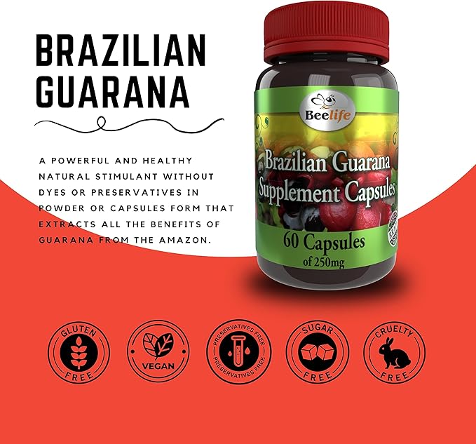 Beelife Brazilian Guarana Capsules - Natural Caffeine Supplements from Brazil - Energy & Mental Focus, Muscle Strength Support - Zero Gluten, No Sugar Pre Workout for Men & Women - 250mg 60 Caps