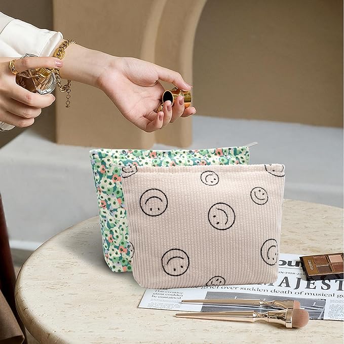 Corduroy Makeup Bag Cosmestic Bag Large Capacity Ladies Women Aesthetic Make Up Organizer Accessories Zipper Pouch Purse Green Flower+Beige