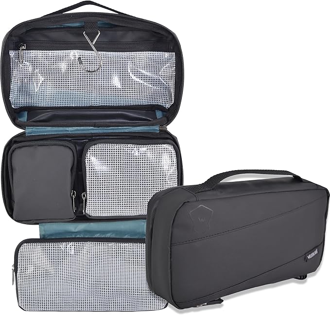 WELKINLAND 6-Pockets Toiletry bag, Shaving bag, Shower bags men, Mens bathroom bag, Hygiene bag men, Mens overnight bag toiletries, Mens toiletry bags traveling, Hanging toiletry bag men, Black