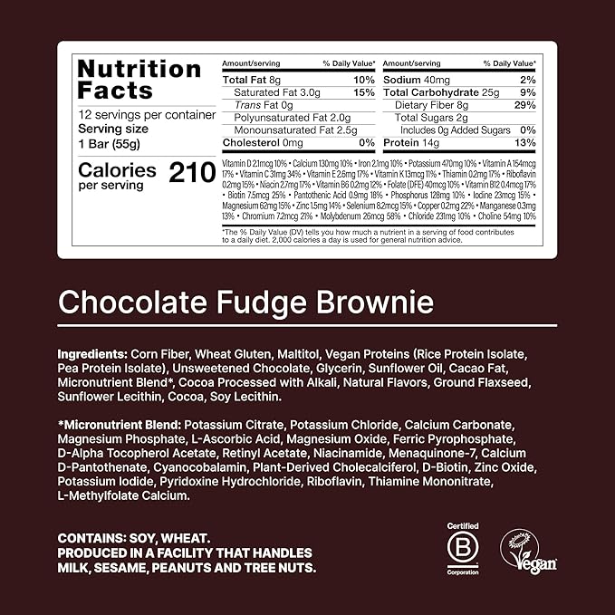 Huel Complete Nutrition Vegan Protein Bars | Chocolate Fudge Brownie | 13g Protein, 27 Vitamins and Minerals, 2g Sugar, Non-GMO, 100% Plant Based Snack | 12 Pack