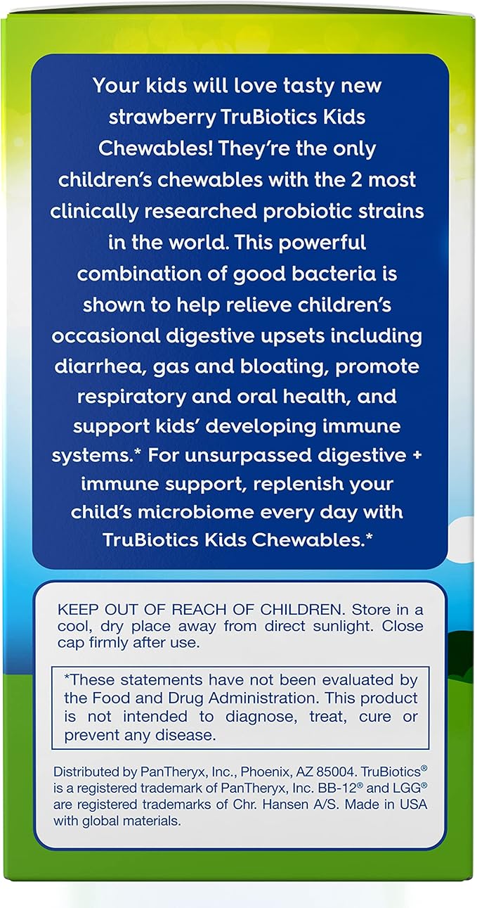 TruBiotics Probiotics for Kids Digestive & Immune Health Support, Sugar-Free Chewable Kids Probiotic to Help Maintain a Healthy Tummy, Natural Strawberry Flavor, 30 Tablets