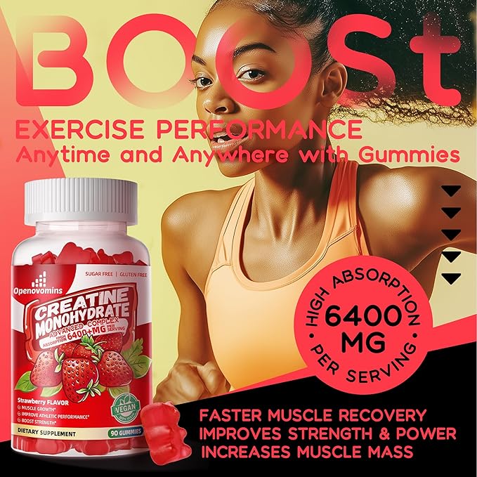 Creatine Monohydrate Gummies Complex 6400mg for Men & Women -Advanced Formula W/L-Taurine + Vitamin B12, Sugar Free Chewable Supplement,90 Strawberry Gummies