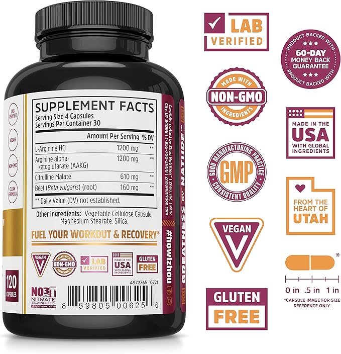 Zhou Nitric Oxide with L Arginine, Citrulline Malate, AAKG and Beet Root | Powerful N.O. Booster and Muscle Builder for Strength, Blood Flow and Endurance | 30 Servings, 120 Veggie Caps