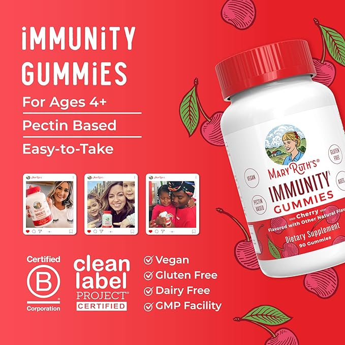 Mary Ruth's 5-1 Immunity Gummies with Elderberry for Kids & Adults | Cherry | Pectin Based | Vegan | 90 Count
