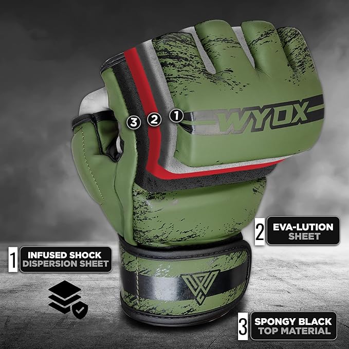 WYOX MMA Gloves for Men & Women β Grappling & Sparring Boxing Gloves with Open Palm Design, Padded Fingerless Training Gloves for Kickboxing, Muay Thai, Youth & Heavy Bag Workouts
