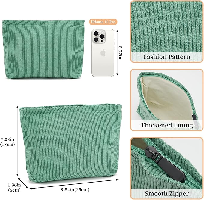 WOZEAH Corduroy Makeup Bag for Purse Small Cosmetic Pouch,Stylish Zipper Make up Pouch Travel Canvas Toiletry Bags(Corduroy Green)