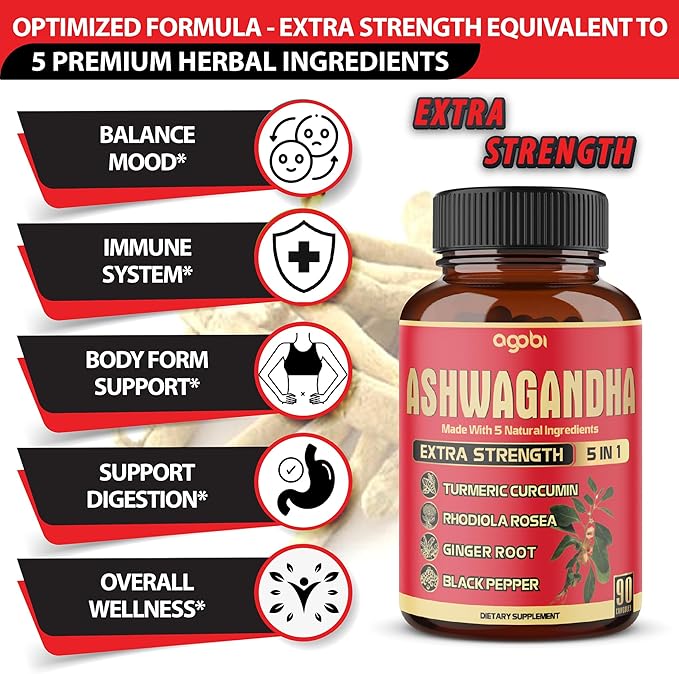 90 Capsules - Ashwagandha Supplement Capsules - Ginger Root, Turmeric, Rhodiola Rosea & Black Pepper
